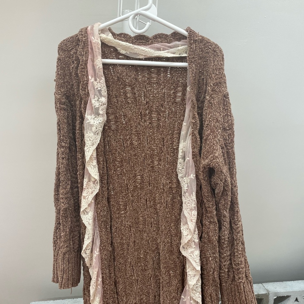 POL brown chenille long cardigan with lace detail